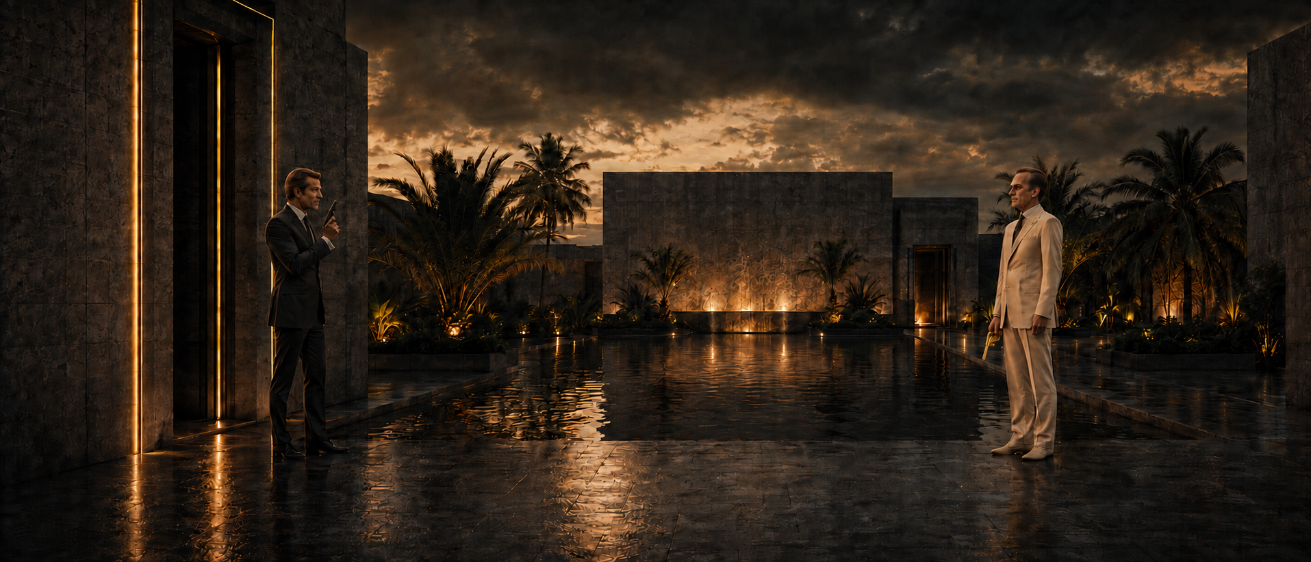 James Bond and Scaramanga face one another across the island courtyard