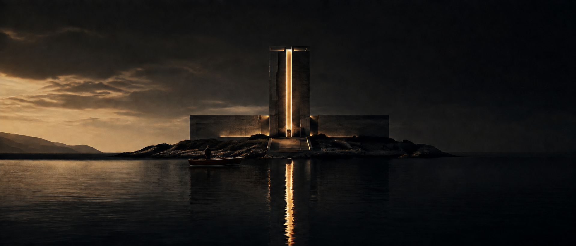 James Bond arrives beside an illuminated island lair in a classic wooden speedboat