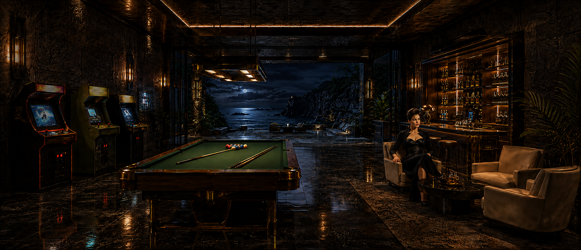 Xenia Onatopp watches the entrance from a lounge chair beside a pool table, classic arcade cabinets and cocktail bar overlooking the moonlit island