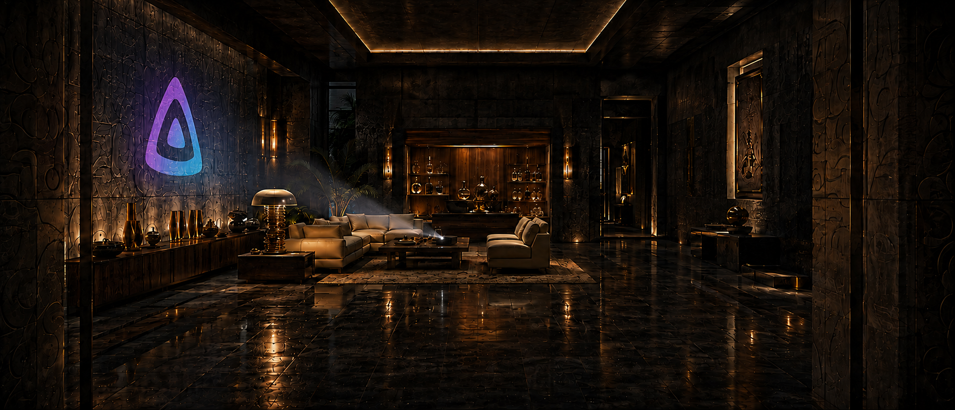 A projector displays the Jellyfin triangle symbol inside a shadowy 1970s modernist island lair
