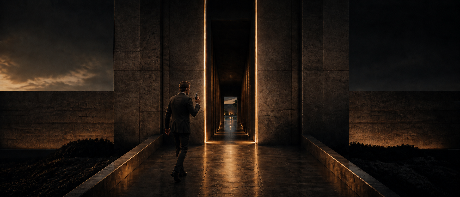James Bond approaches the illuminated entrance to a dark island lair