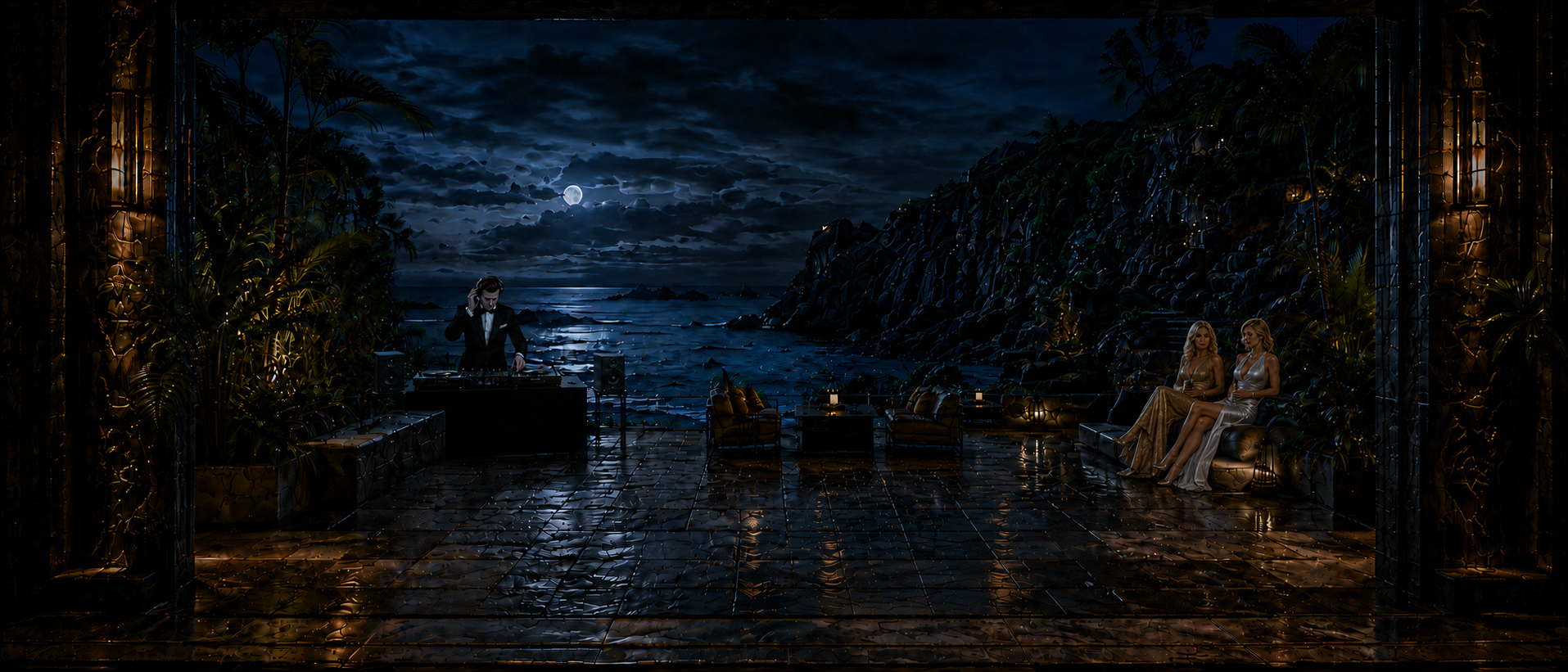 Mary Goodnight and Miranda Frost sit beside a moonlit terrace where James Bond stands behind a DJ table